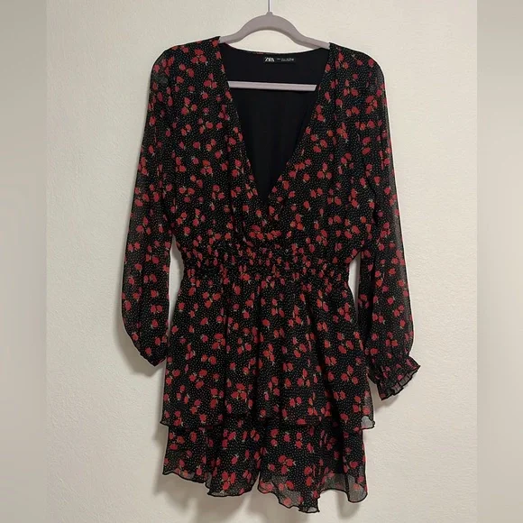 black mini dress with red flowers Black and Red Floral Corset Two-Piece Mini Dress Black / 2